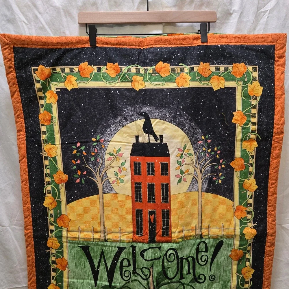 Handmade Halloween Welcome Banner Quilt Cat Pumpkin Crow House Fall Autumn Decor